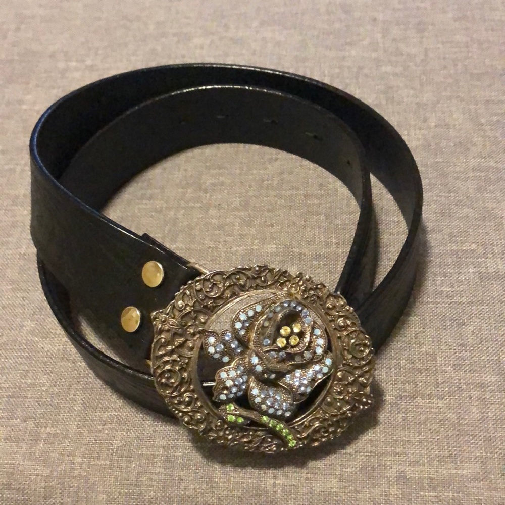 Black leather belt with rhinestone buckle